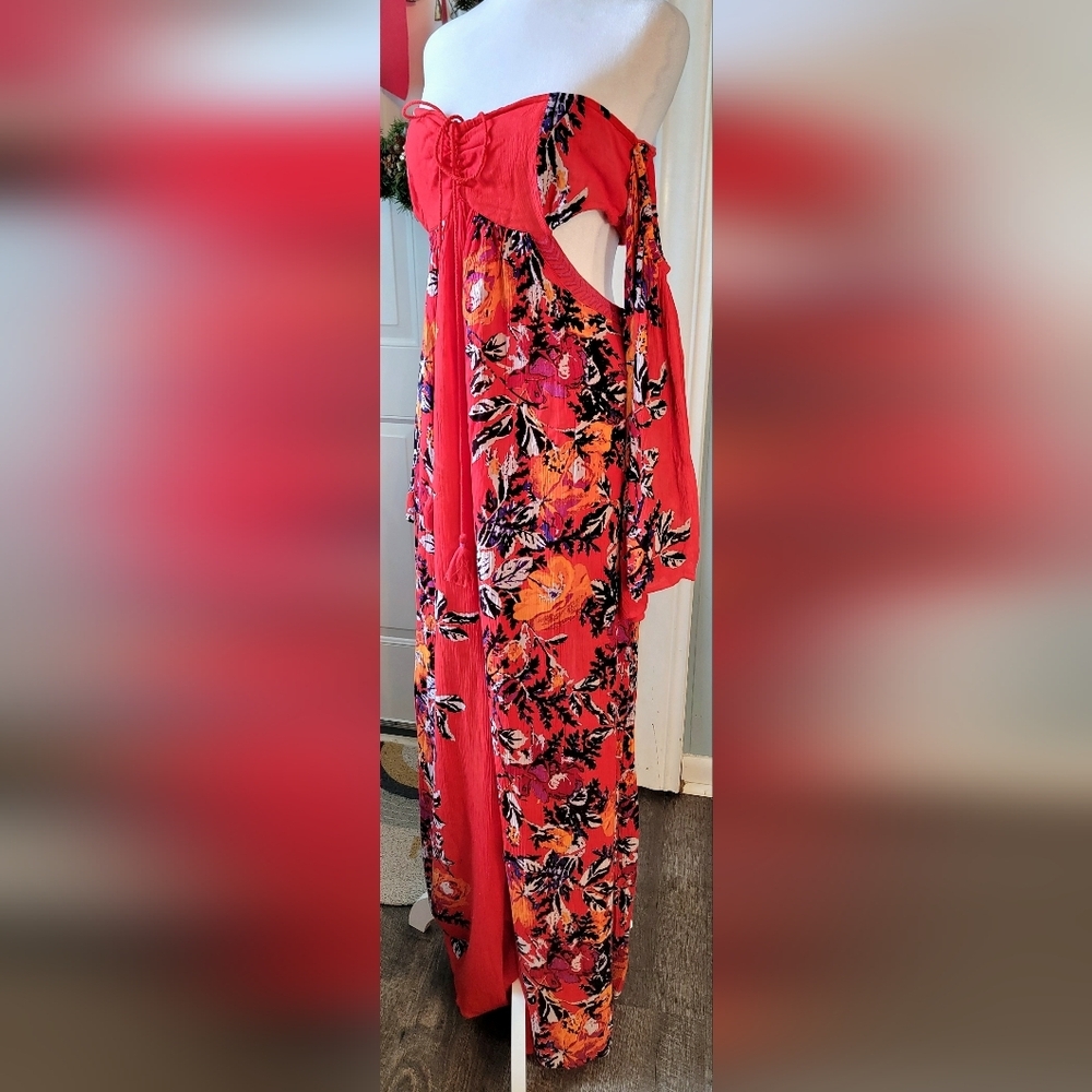 Free People Falling Flowers Jumpsuit Womens M Red Multi Floral Cutout Flowy Boho
